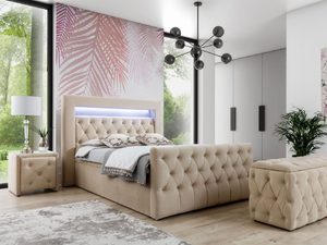 Miniaturka 5 - Eleganckie łóżko tapicerowane w jasnokremowym kolorze z kryształowymi guzikami