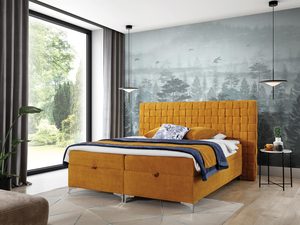 Miniaturka 10 - Musztardowe łóżko z ozdobnym przeszyciem i metalowymi nóżkami