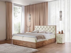 Miniaturka 2 - Tapicerowane łóżko w kolorze kremowym z drewnianą podstawą