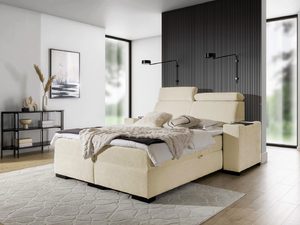 Miniaturka 5 - Komfortowe łóżko tapicerowane w kremowym kolorze z regulowanym oparciem