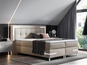 Miniaturka 1 - Łóżko tapicerowane w beżowym kolorze z pikowanym zagłówkiem