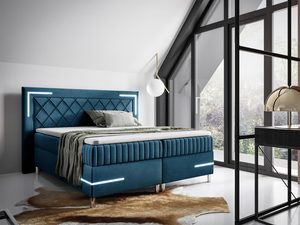 Miniaturka 1 - Łóżko tapicerowane w kolorze niebieskim z podświetleniem LED w sypialni