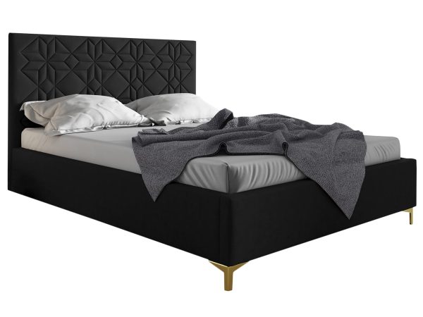 Czarne łóżko z dekoracyjnym geometrycznym pikowaniem i złotymi nóżkami