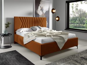 Miniaturka 14 - Tapicerowane łóżko w kolorze pomarańczowym z ozdobnym zagłówkiem – stylowe łóżko do sypialni, które wprowadza energię do wnętrza.
