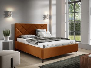 Miniaturka 15 - Łóżko tapicerowane w kolorze pomarańczowym z prostym zagłówkiem – odważne łóżko do sypialni, które wprowadza ciepło do wnętrza.