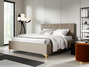 Miniaturka 8 - Beżowe łóżko z zagłówkiem w stylu modern classic i złotym cokołem