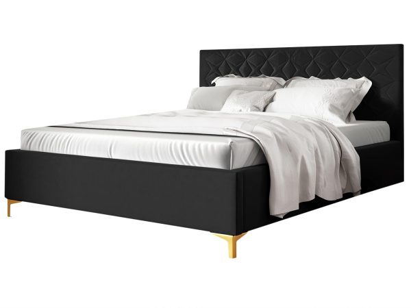 Czarny model łóżka z prostym wezgłowiem i kontrastową pościelą