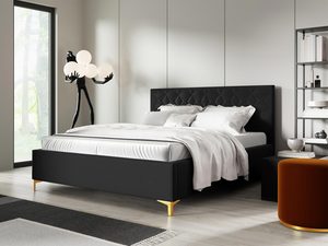 Miniaturka 1 - Czarne łóżko z prostym tapicerowanym zagłówkiem i złotymi nóżkami