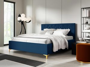 Miniaturka 2 - Granatowe łóżko z geometrycznym wezgłowiem i złotymi detalami