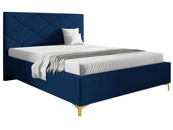 Niebieskie łóżko tapicerowane z białym materacem w stylu minimalistycznym