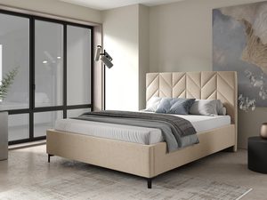 Miniaturka 8 - Łóżko tapicerowane z wysokim zagłówkiem w kolorze beżowym – stylowe łóżko do sypialni, które wprowadza przytulną atmosferę.