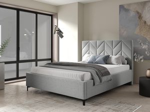 Miniaturka 7 - Łóżko tapicerowane z wysokim zagłówkiem w kolorze jasnoszarym – eleganckie łóżko do sypialni z prostym, nowoczesnym designem.