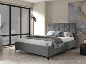 Miniaturka 6 - Łóżko tapicerowane z wysokim zagłówkiem w kolorze szarym – eleganckie łóżko do sypialni z prostym, nowoczesnym designem.