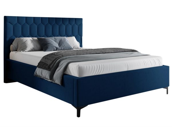 Łóżko tapicerowane w kolorze granatowym z prostym zagłówkiem – nowoczesne łóżko do sypialni, które dodaje wnętrzu wyrafinowanego charakteru.