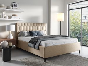 Miniaturka 8 - Łóżko tapicerowane w kolorze beżowym z pikowanym zagłówkiem – przytulne łóżko do sypialni, które nadaje wnętrzu ciepła.