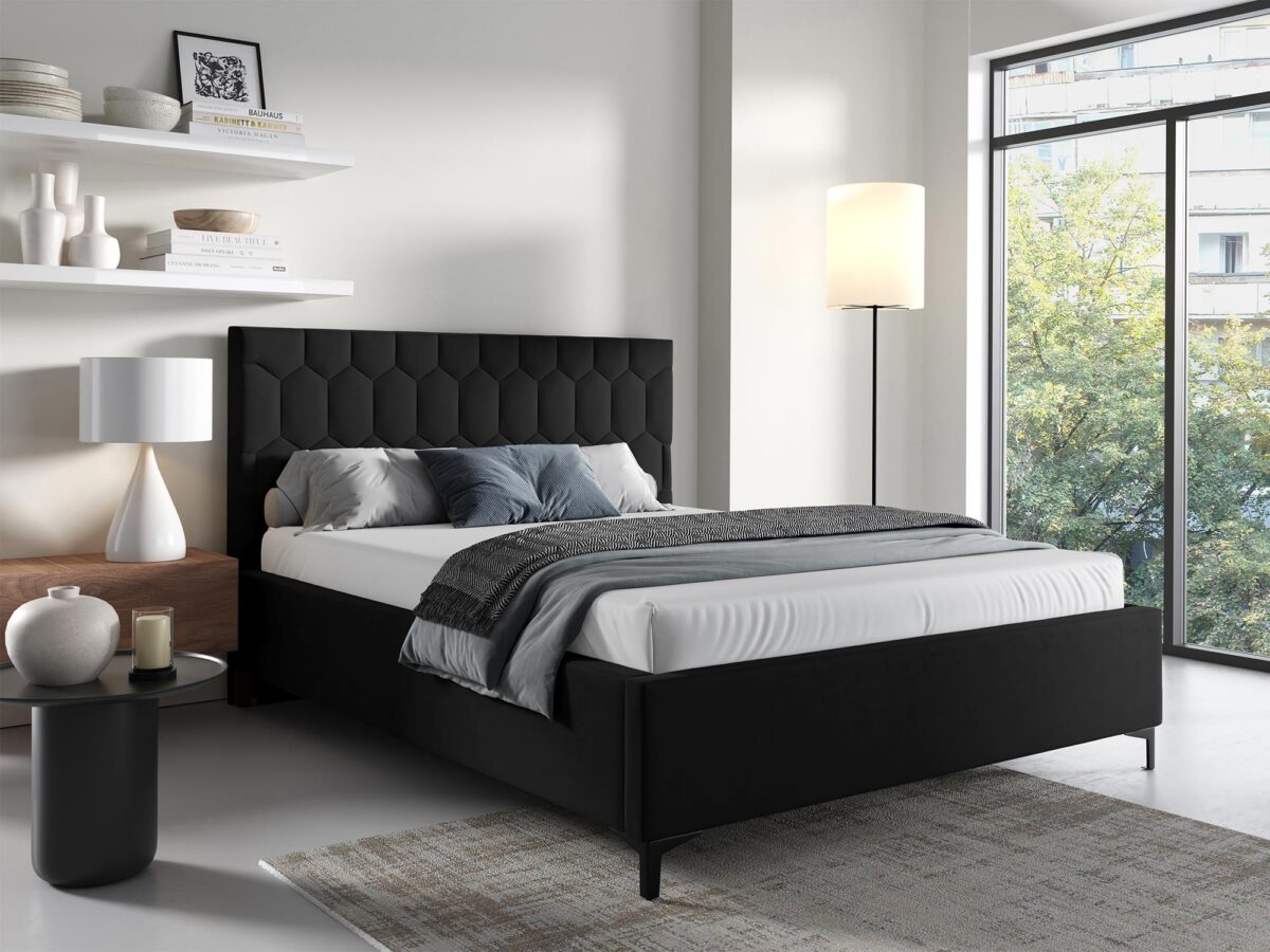 Loft Sypialnia z czarnym łóżkiem