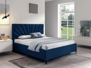 Miniaturka 1 - Łóżko tapicerowane w kolorze granatowym z prostym zagłówkiem – nowoczesne łóżko do sypialni, które nadaje wnętrzu elegancji.