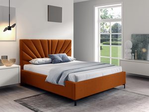 Miniaturka 3 - Łóżko tapicerowane w kolorze pomarańczowym z ozdobnym zagłówkiem – stylowe łóżko do sypialni, które wprowadza energię do wnętrza.