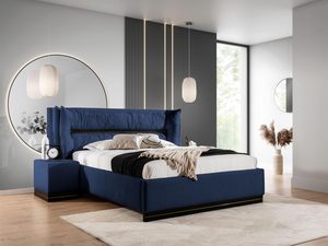 Miniaturka 14 - Granatowe łóżko z pionowym zagłówkiem i beżową narzutą