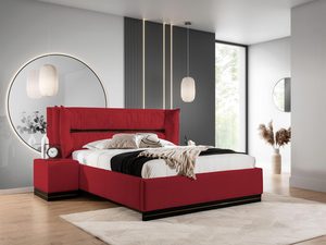 Miniaturka 16 - Czerwone łóżko z tapicerowanym zagłówkiem i drewnianą podstawą
