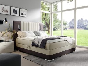 Miniaturka 9 - Bezowe łóżko z podłużnymi przeszyciami na wysokim zagłówku