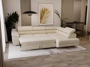 Miniaturka 41 - Jasnobeżowa a sofa z podnoszonym segmentem i stonowanym designem