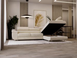 Miniaturka 40 - Beżowa sofa narożna z unoszonym elementem i stylowymi poduchami