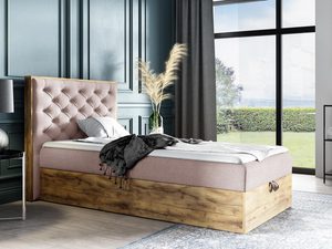 Miniaturka 6 - Dębowe łóżko z różowym zagłówkiem – kontrast drewna z pastelami.