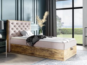 Miniaturka 8 - Beżowo-dębowe łóżko – pikowany zagłówek, rama drewniana, styl skandynawski.