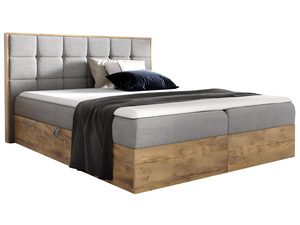 Miniaturka 4 - Jasnoszare łóżko z prostym wezgłowiem i ciepłą drewnianą ramą