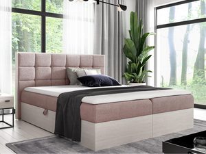 Miniaturka 12 - Beżowo-różowe łóżko z pikowanym zagłówkiem i jasną podstawą