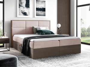 Miniaturka 12 - Różowe łóżko tapicerowane z klasycznym zagłówkiem i ciemną podstawą