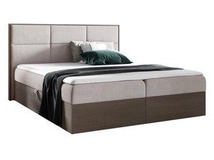 Miniaturka 5 - Beżowo-brązowe łóżko z kontrastowym wezgłowiem i wysoką podstawą