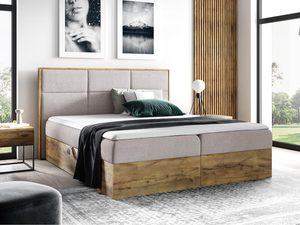 Miniaturka 13 - Eleganckie łóżko z beżową tapicerką i drewnianą konstrukcją