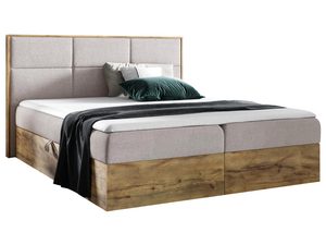 Miniaturka 5 - Łóżko tapicerowane beżowym materiałem i ramą z litego drewna