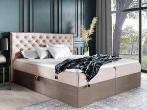 Miniaturka 10 - Pudroworóżowe łóżko z wysokim zagłówkiem i ciemną podstawą