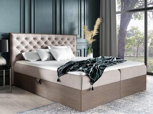 Miniaturka 11 - Pudroworóżowe łóżko z wysokim zagłówkiem i ciemną podstawą