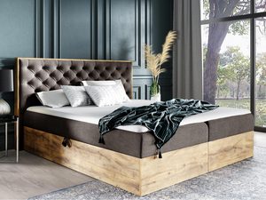 Miniaturka 5 - Dwuosobowe łóżko z ciemnym zagłówkiem i dębową ramą