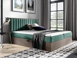 Miniaturka 2 - Zielone łóżko z tapicerowanym zagłówkiem w pionowe pasy i drewnianą bazą