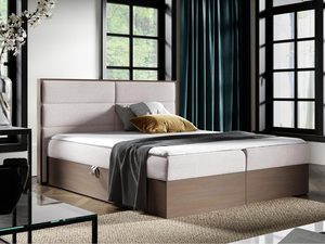 Miniaturka 9 - Beżowe łóżko tapicerowane z drewnianą ramą w nowoczesnym wnętrzu