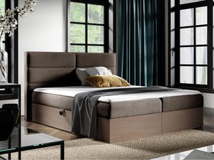 Miniaturka 5 - Brązowe łóżko do sypialni z szarą tapicerką i praktyczną szufladą