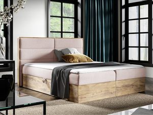 Miniaturka 6 - Łóżko z jasnoróżową tapicerką i drewnianą podstawą do przytulnej sypialni