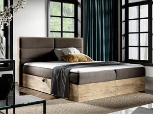 Miniaturka 2 - Tapicerowane łóżko z brązowym zagłówkiem i drewnianym wykończeniem