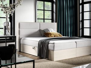 Miniaturka 6 - Jasnoszare łóżko tapicerowane z praktycznym schowkiem i miękkim wezgłowiem