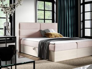 Miniaturka 7 - Jasnoszare łóżko z jasnym wykończeniem i kontrastową pościelą