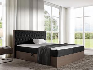 Miniaturka 5 - Czarne łóżko sypialniane z ozdobnym zagłówkiem i drewnianą podstawą