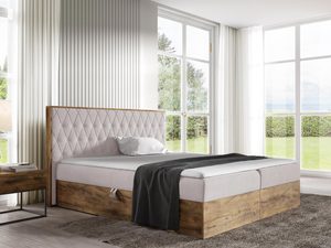 Miniaturka 7 - Jasnoróżowe łóżko z pikowanym zagłówkiem i ramą z naturalnego drewna