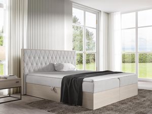 Miniaturka 2 - Białe łóżko sypialniane z ozdobnym zagłówkiem i kontrastową tapicerką