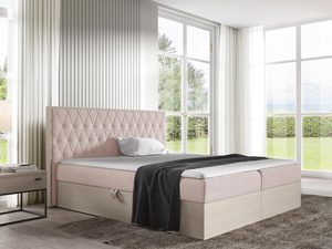 Miniaturka 6 - Różowe łóżko tapicerowane z klasycznym wezgłowiem i jasną podstawą