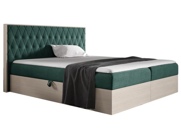 Zielone łóżko z miękkim zagłówkiem w stylu nowoczesnym do jasnej sypialni